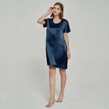 Silk Chemise Women's Short Sleeve Round Neck Silk Nightdress Navy Blue XS