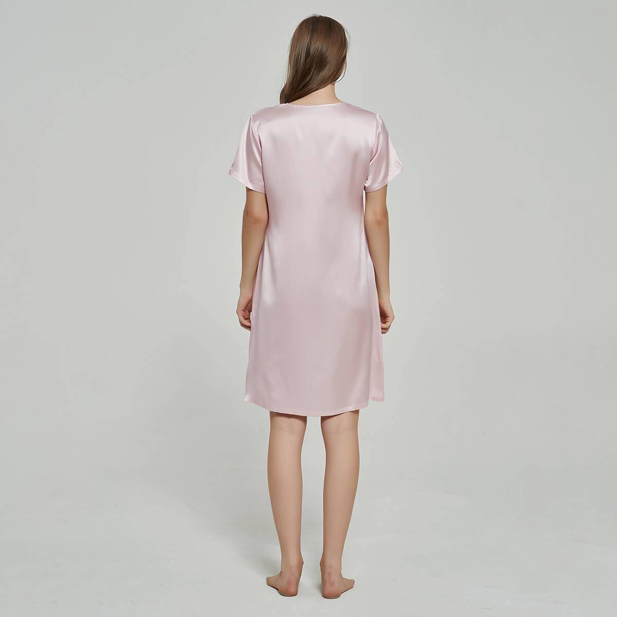 Silk Chemise Women's Short Sleeve Round Neck Silk Nightdress Rosy Pink XS
