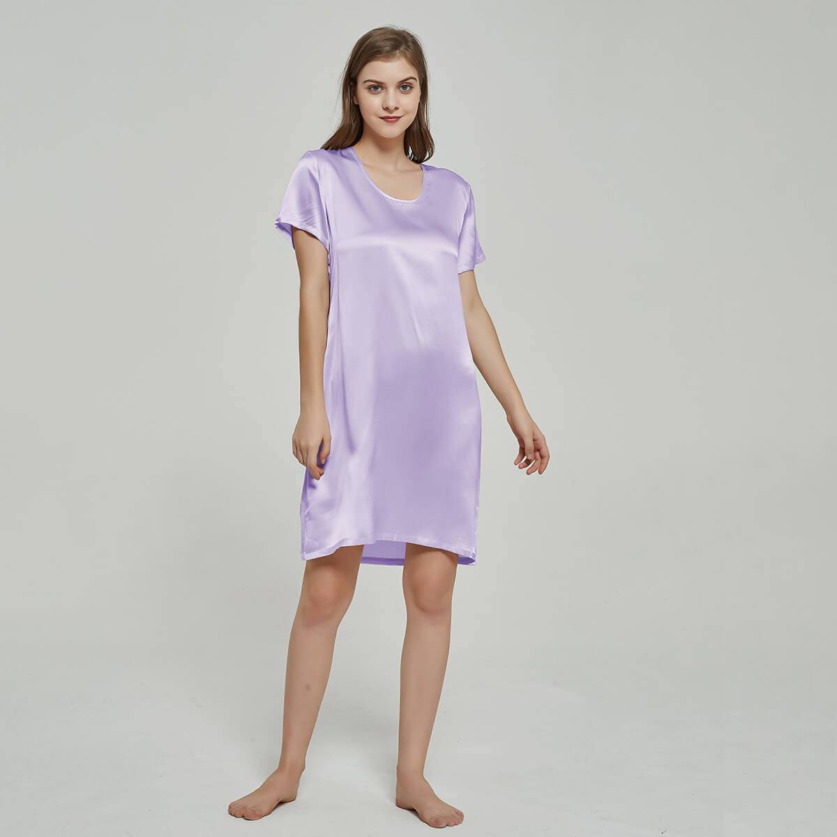 Silk Chemise Women's Short Sleeve Round Neck Silk Nightdress Lavender XS
