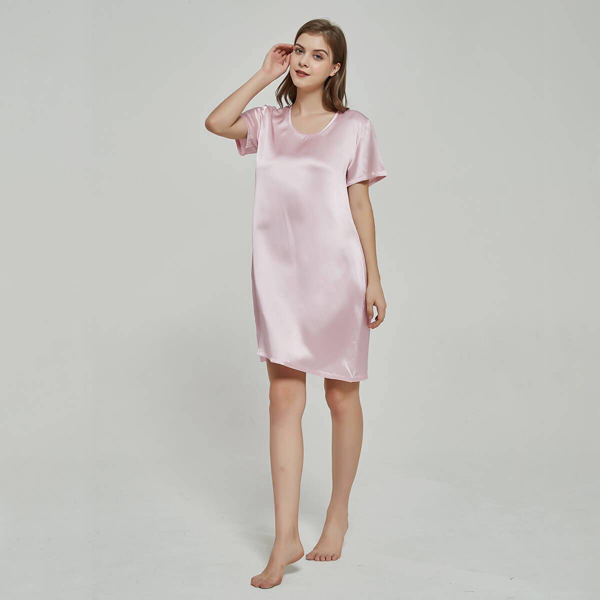 Silk Chemise Women's Short Sleeve Round Neck Silk Nightdress Rosy Pink XS