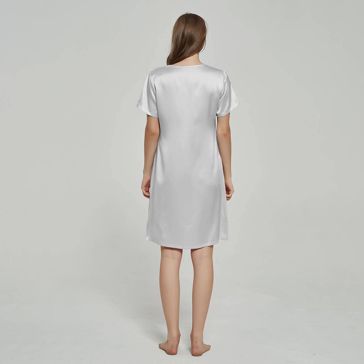 Silk Chemise Women's Short Sleeve Round Neck Silk Nightdress Silver Gray XS