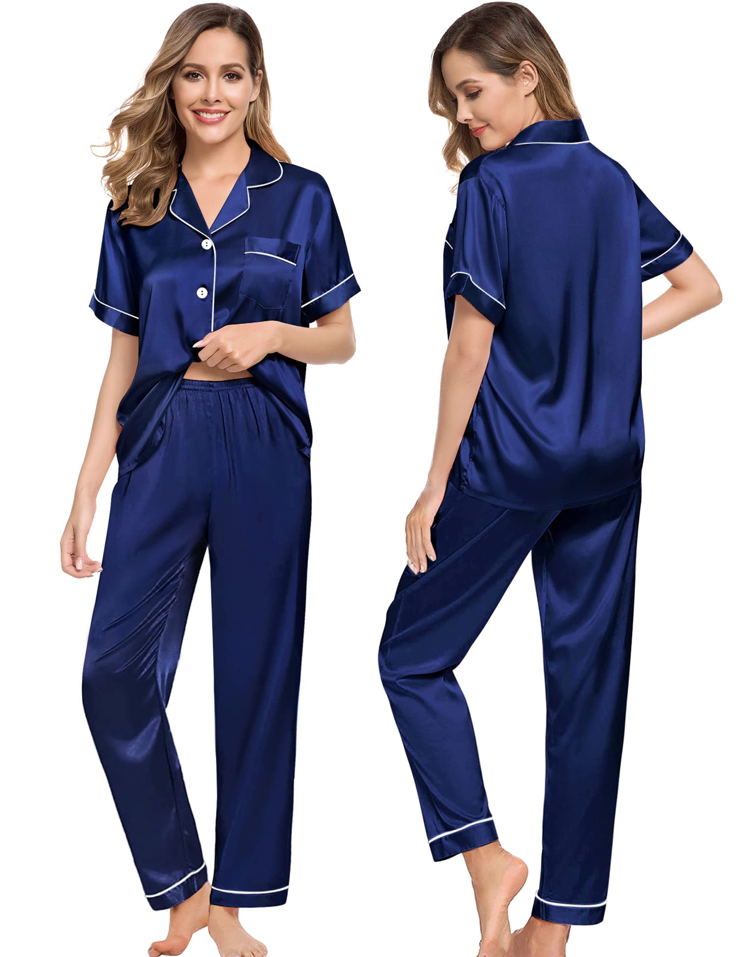 Silk Couple Pajamas Men And Women Short Sleeve Silk Pajamas Navy Blue XS