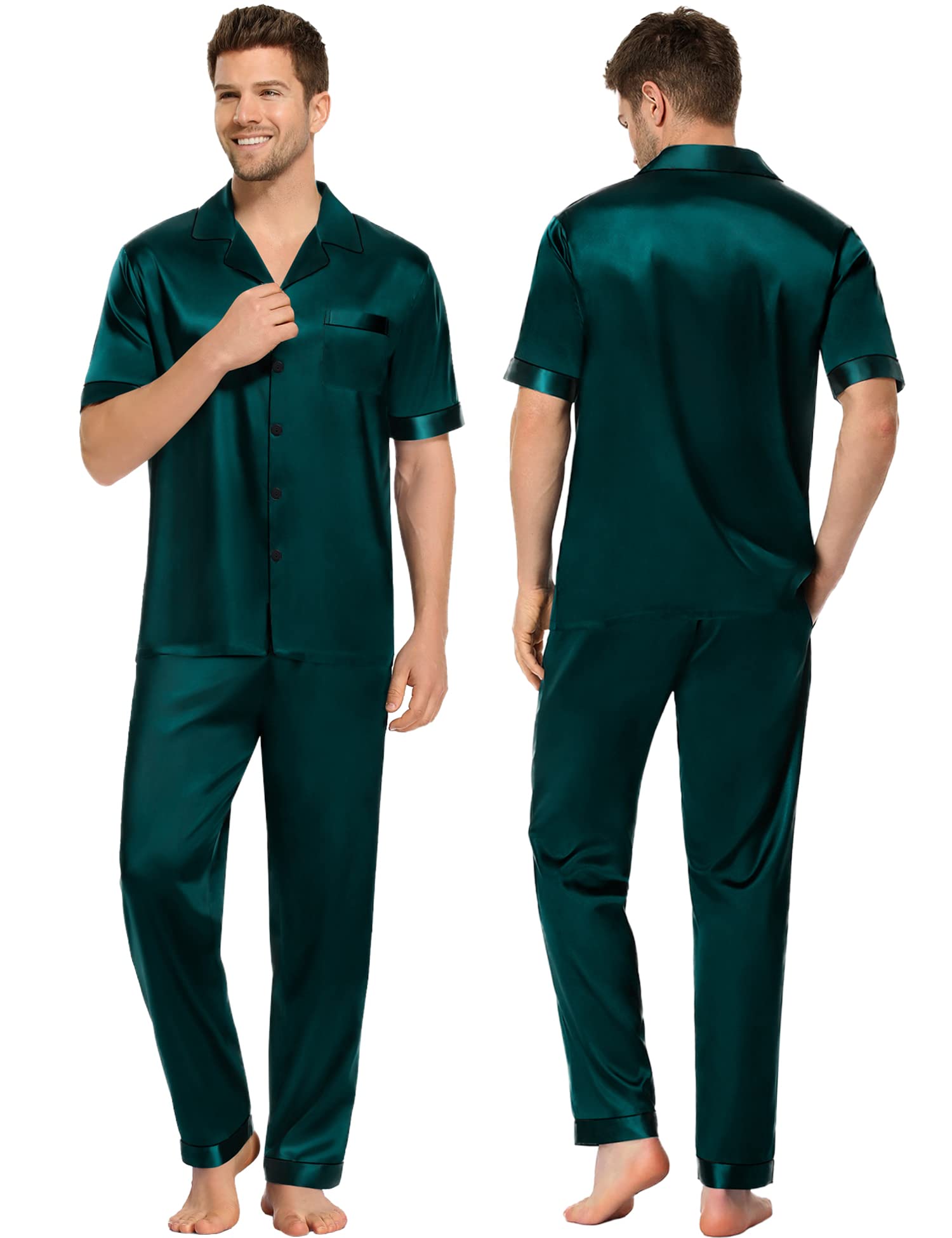Silk Couple Pajamas Men And Women Short Sleeve Silk Pajamas Green XS