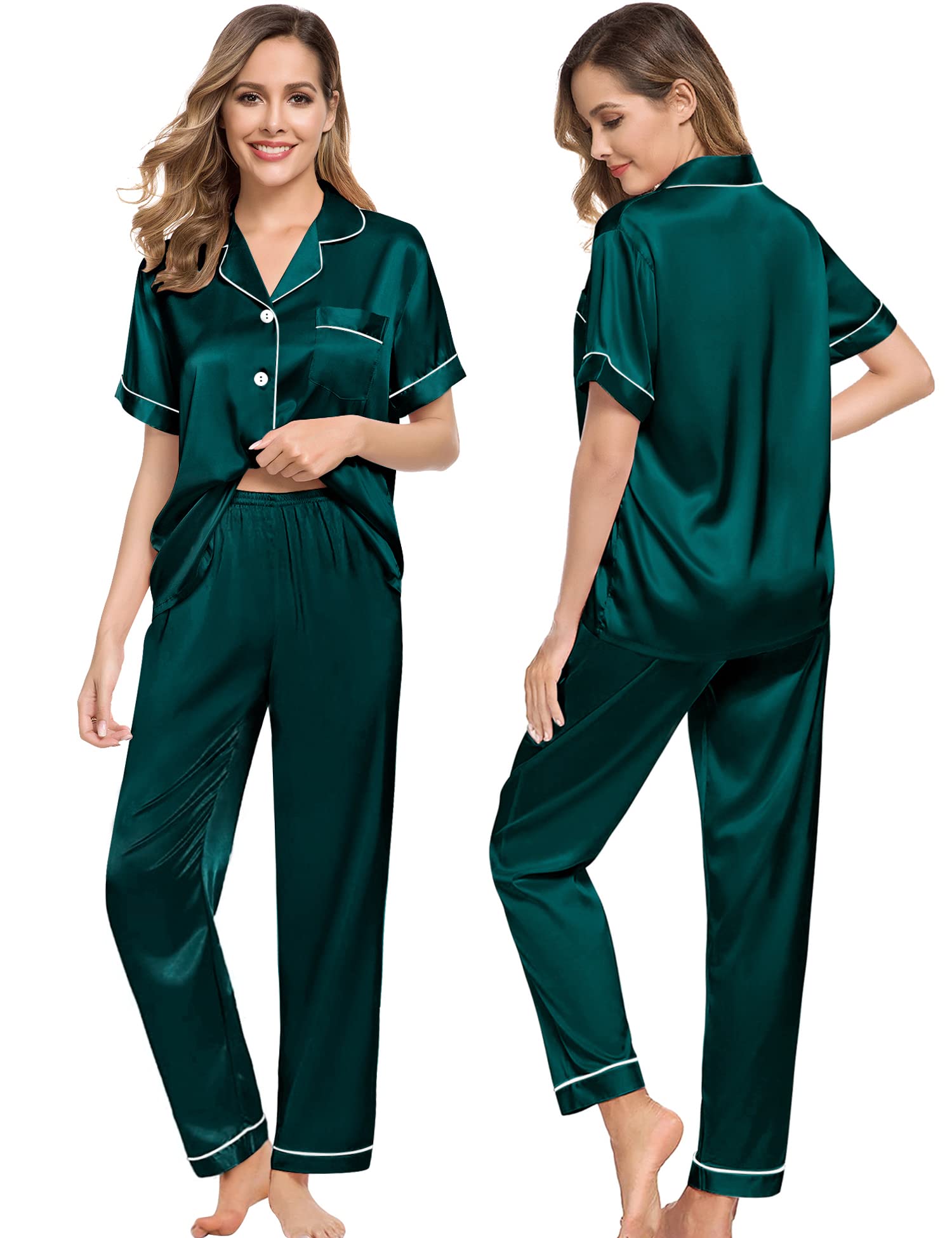 Silk Couple Pajamas Men And Women Short Sleeve Silk Pajamas Green XS