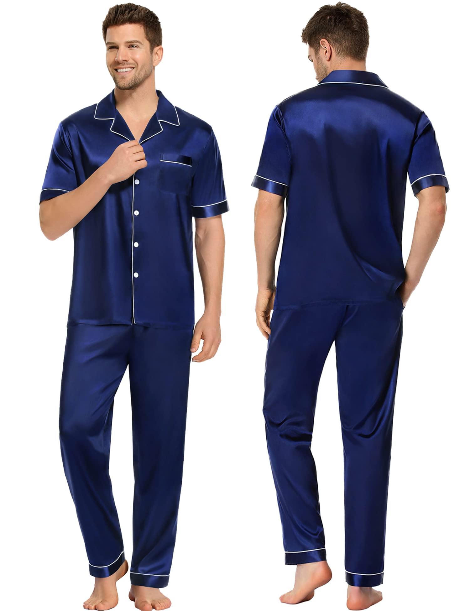 Silk Couple Pajamas Men And Women Short Sleeve Silk Pajamas Navy Blue XS