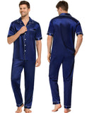 Silk Couple Pajamas Men And Women Short Sleeve Silk Pajamas Navy Blue XS