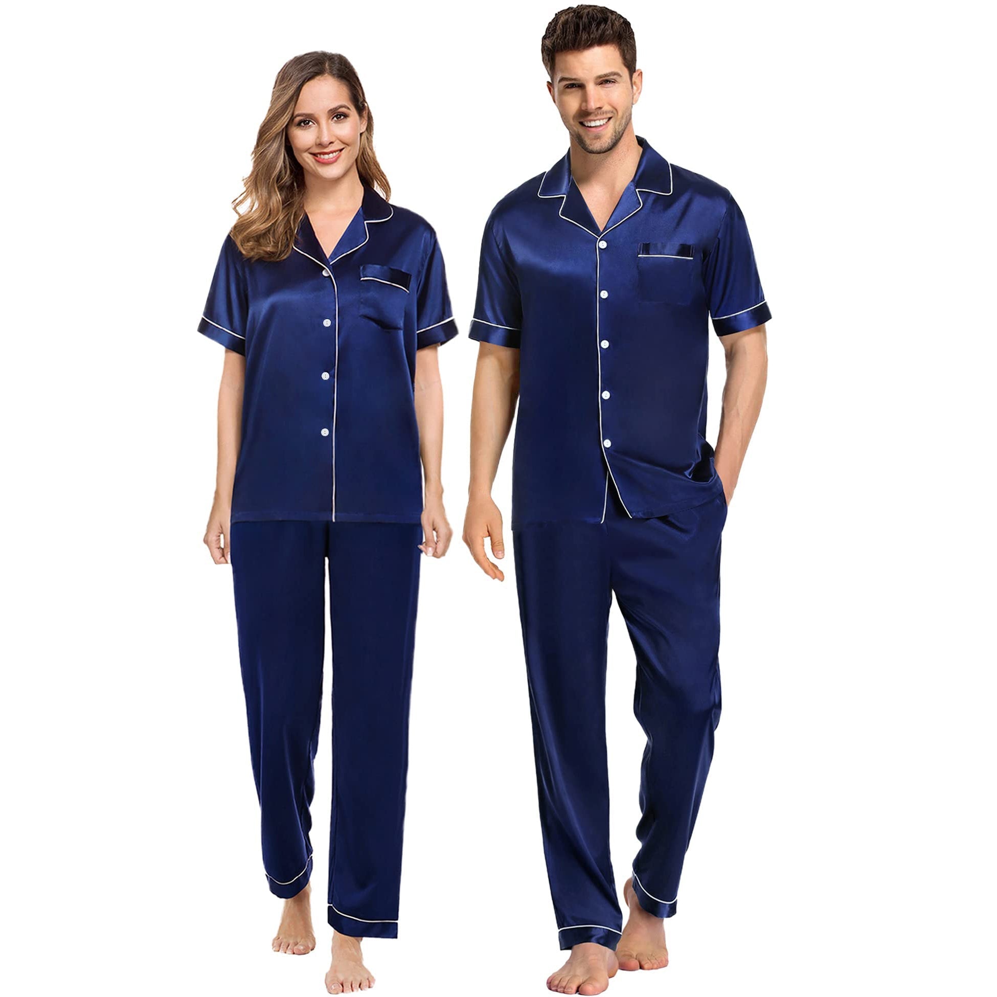 Silk Couple Pajamas Men And Women Short Sleeve Silk Pajamas Navy Blue XS