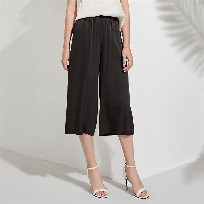Silk Cropped Pants For Women Loose Silk Culotte Pants Work Silk Trousers Black XS