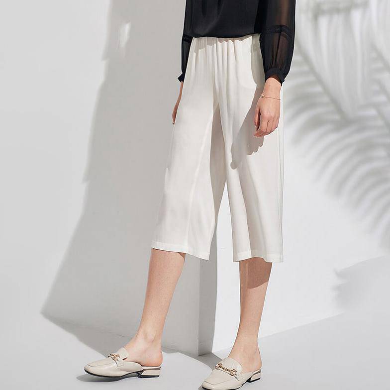 Silk Cropped Pants For Women Loose Silk Culotte Pants Work Silk Trousers White XS