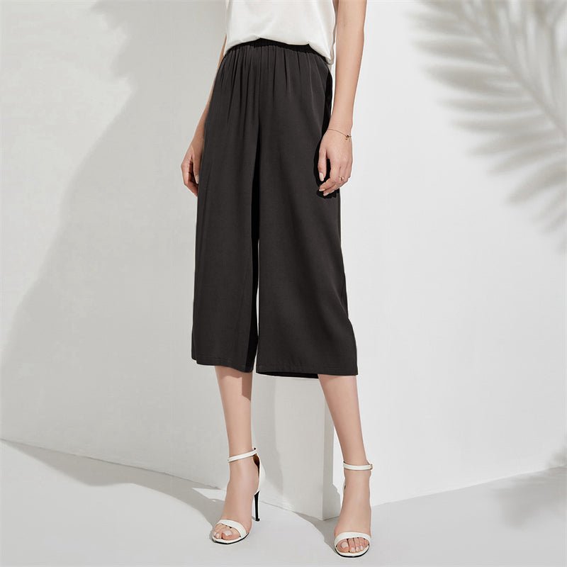 Silk Cropped Pants For Women Loose Silk Culotte Pants Work Silk Trousers Black XS
