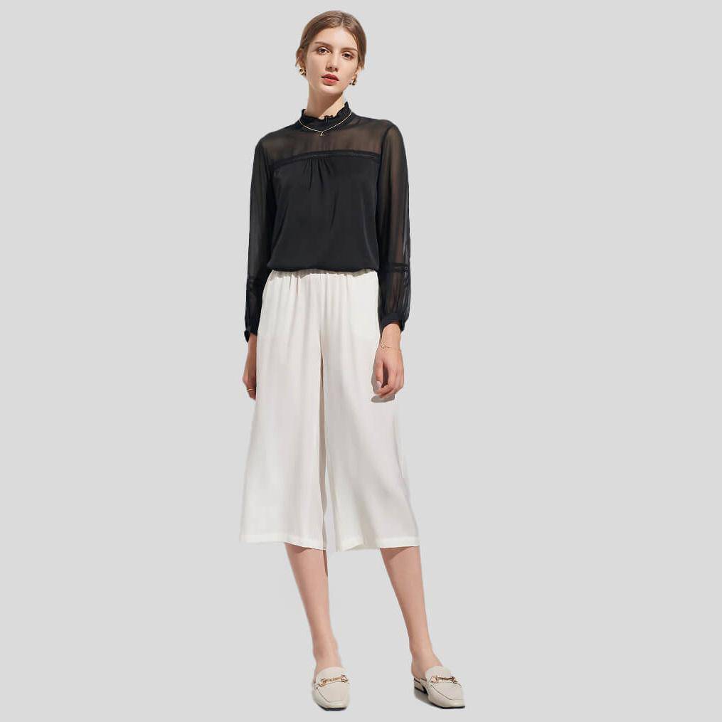 Silk Cropped Pants For Women Loose Silk Culotte Pants Work Silk Trousers White XS