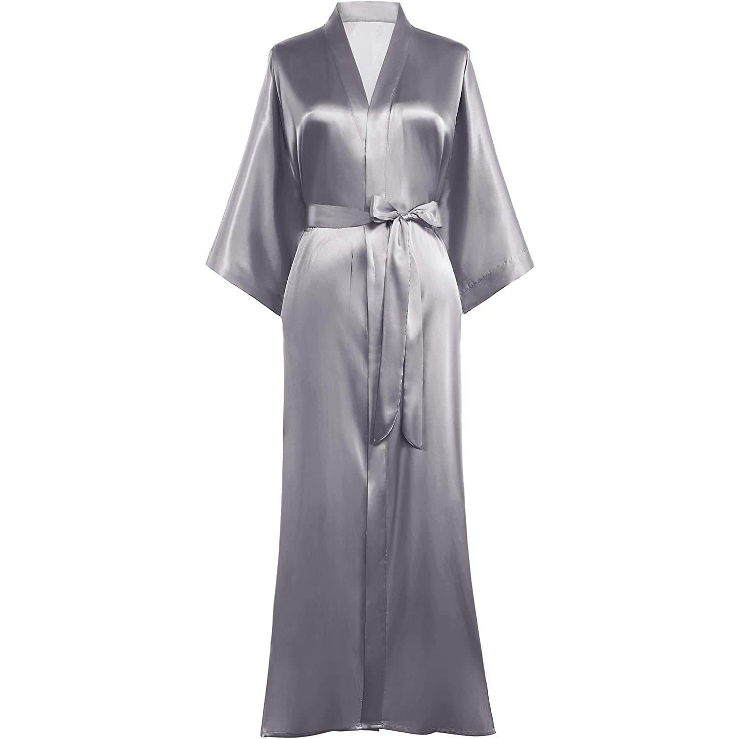 Silk Kimono Robe Long Wedding Bridesmaid Silk Bathrobe Gray One size fits most