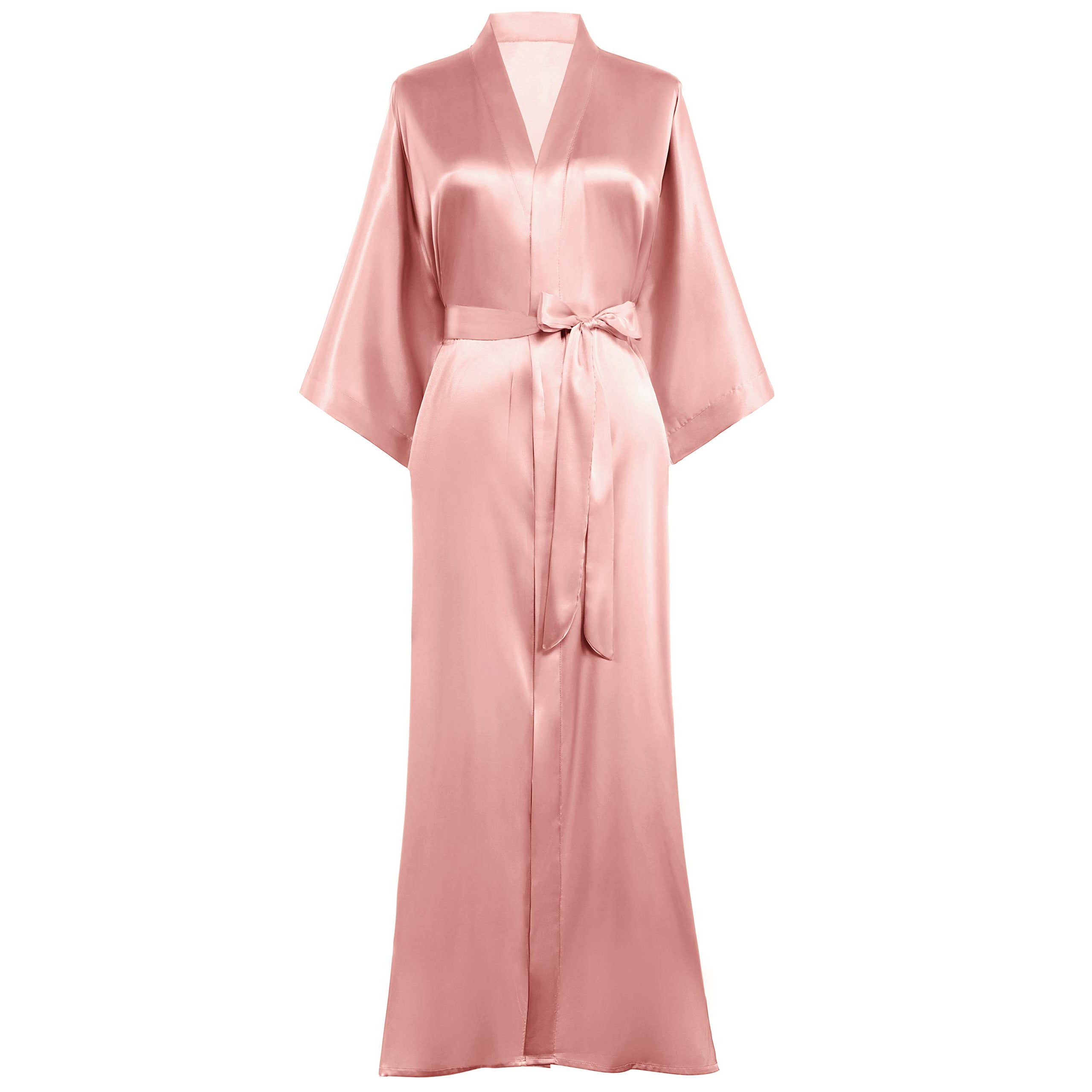 Silk Kimono Robe Long Wedding Bridesmaid Silk Bathrobe Rosy Pink One size fits most