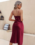 Silk Midi Dress For Women Cowl Neck Pure Formal Dresses Dark Blue XS