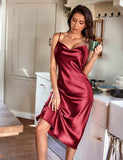 Silk Midi Dress For Women Cowl Neck Pure Formal Dresses Claret XS