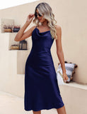 Silk Midi Dress For Women Cowl Neck Pure Formal Dresses Dark Blue XS