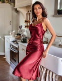 Silk Midi Dress For Women Cowl Neck Pure Formal Dresses Claret XS