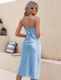 Silk Midi Dress For Women Cowl Neck Pure Formal Dresses Light Blue XS