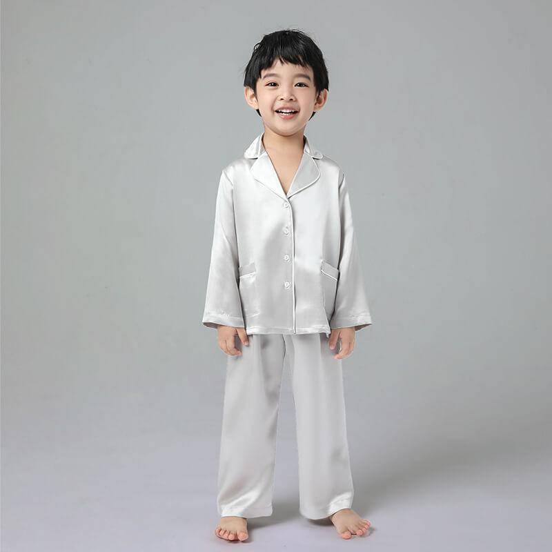 Boys Classic Silk Pajama Set with Piping Long Sleeve Button Down Silk Pajamas Silver Gray XS