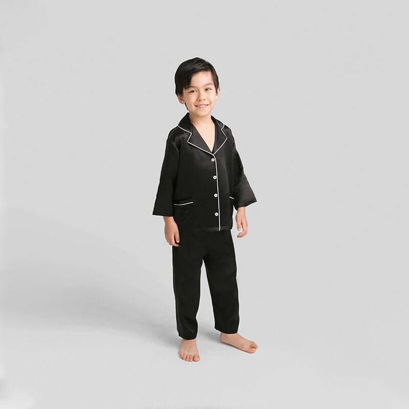Boys Classic Silk Pajama Set with Piping Long Sleeve Button Down Silk Pajamas Black XS