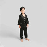 Boys Classic Silk Pajama Set with Piping Long Sleeve Button Down Silk Pajamas Black XS