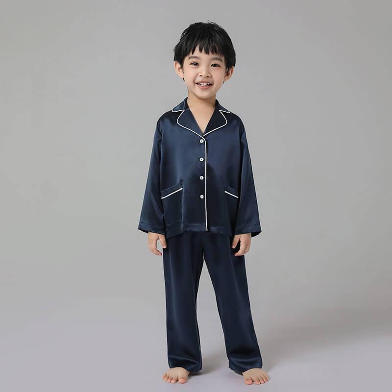 Boys Classic Silk Pajama Set with Piping Long Sleeve Button Down Silk Pajamas Navy Blue XS