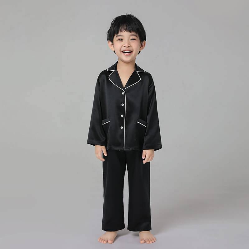 Boys Classic Silk Pajama Set with Piping Long Sleeve Button Down Silk Pajamas Black XS