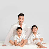 Boys Classic Silk Pajama Set with Piping Long Sleeve Button Down Silk Pajamas White XS
