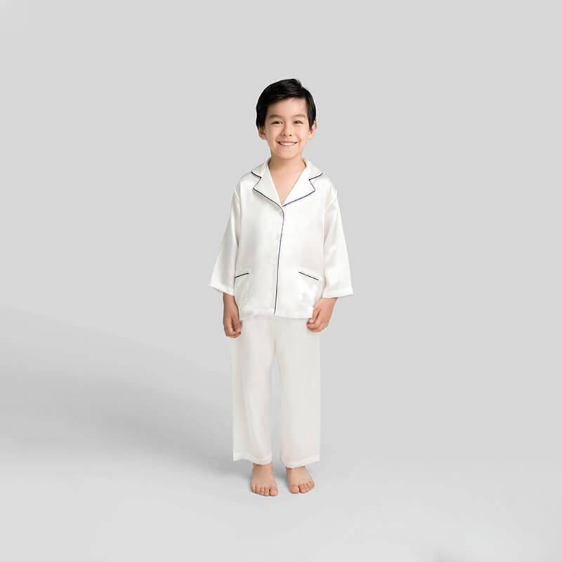 Boys Classic Silk Pajama Set with Piping Long Sleeve Button Down Silk Pajamas White XS