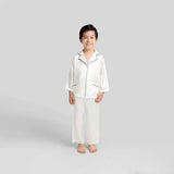 Boys Classic Silk Pajama Set with Piping Long Sleeve Button Down Silk Pajamas White XS