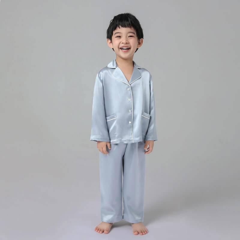 Boys Classic Silk Pajama Set with Piping Long Sleeve Button Down Silk Pajamas Light Blue XS