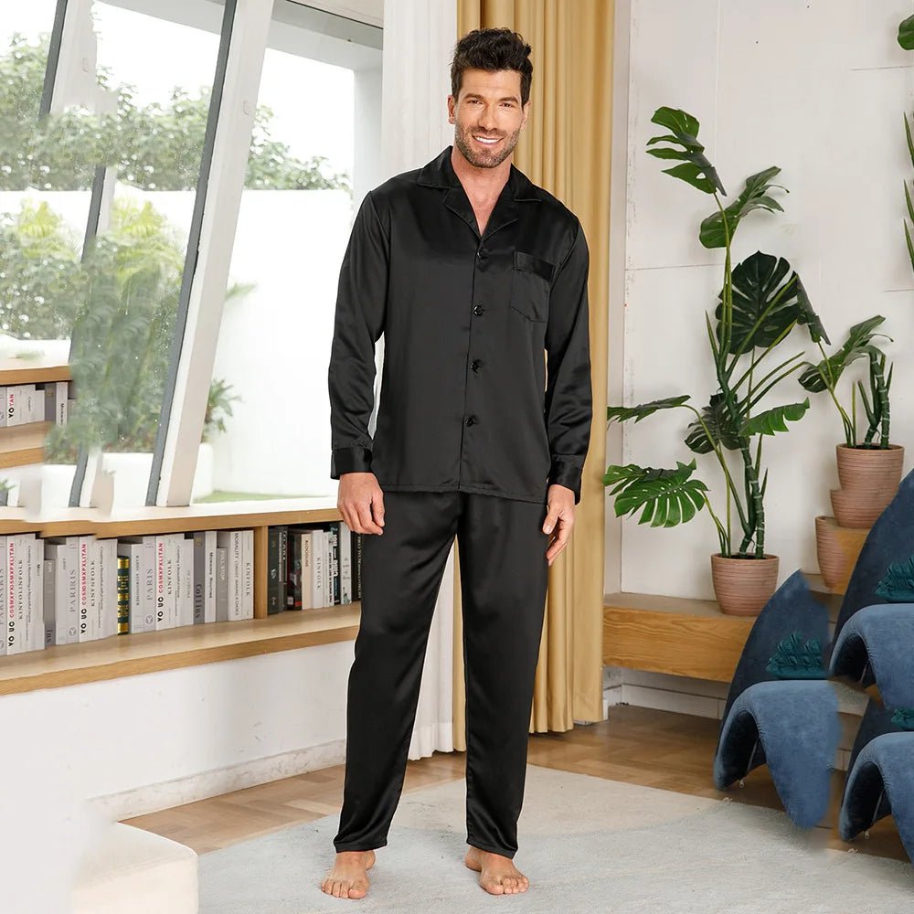 Silk Pajamas for Men 100% Real Silk Pajamas Set Black XS