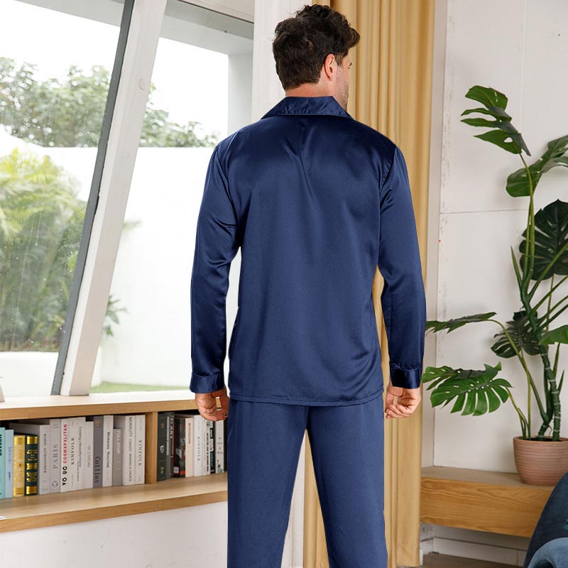 Silk Pajamas for Men 100% Real Silk Pajamas Set Navy Blue XS