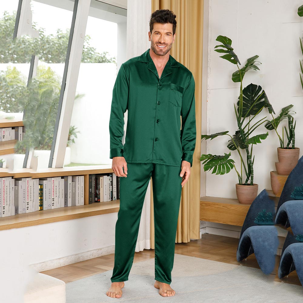 Silk Pajamas for Men 100% Real Silk Pajamas Set Navy Blue XS