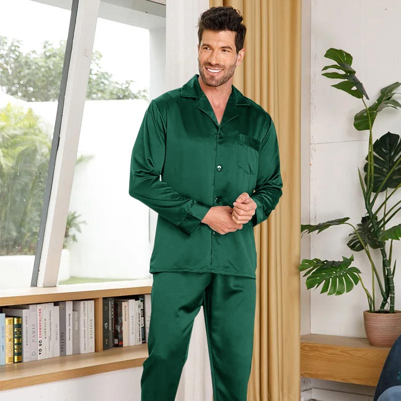 Silk Pajamas for Men 100% Real Silk Pajamas Set Dark Green XS