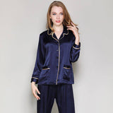 Silk Couple Pajamas Set Matching Pure Silk Pajamas Navy Blue XS