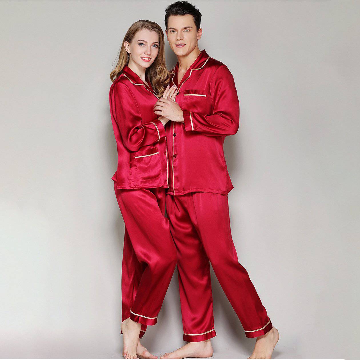 Silk Couple Pajamas Set Matching Pure Silk Pajamas Red XS