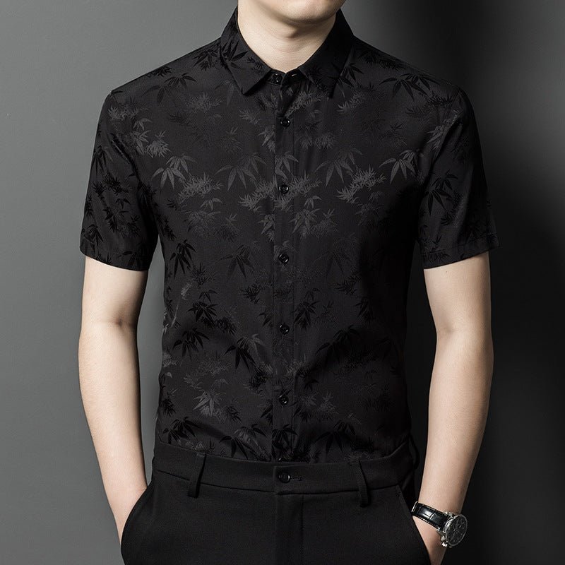 Silk Shirts for Men Short Sleeve Bamboo Jacquard Silk Dress Shirt XS Black