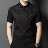 Silk Shirts for Men Short Sleeve Bamboo Jacquard Silk Dress Shirt XS Black
