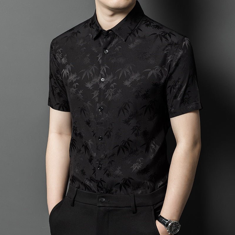 Silk Shirts for Men Short Sleeve Bamboo Jacquard Silk Dress Shirt XS Black