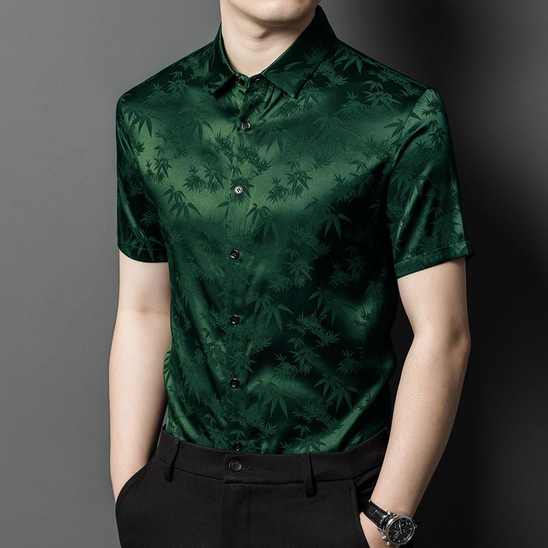 Silk Shirts for Men Short Sleeve Bamboo Jacquard Silk Dress Shirt XS Green