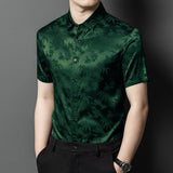 Silk Shirts for Men Short Sleeve Bamboo Jacquard Silk Dress Shirt XS Green
