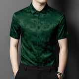 Silk Shirts for Men Short Sleeve Bamboo Jacquard Silk Dress Shirt XS Green