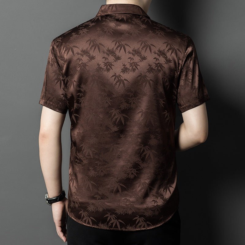 Silk Shirts for Men Short Sleeve Bamboo Jacquard Silk Dress Shirt XS Brown