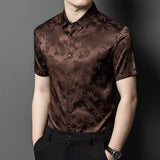 Silk Shirts for Men Short Sleeve Bamboo Jacquard Silk Dress Shirt XS Brown
