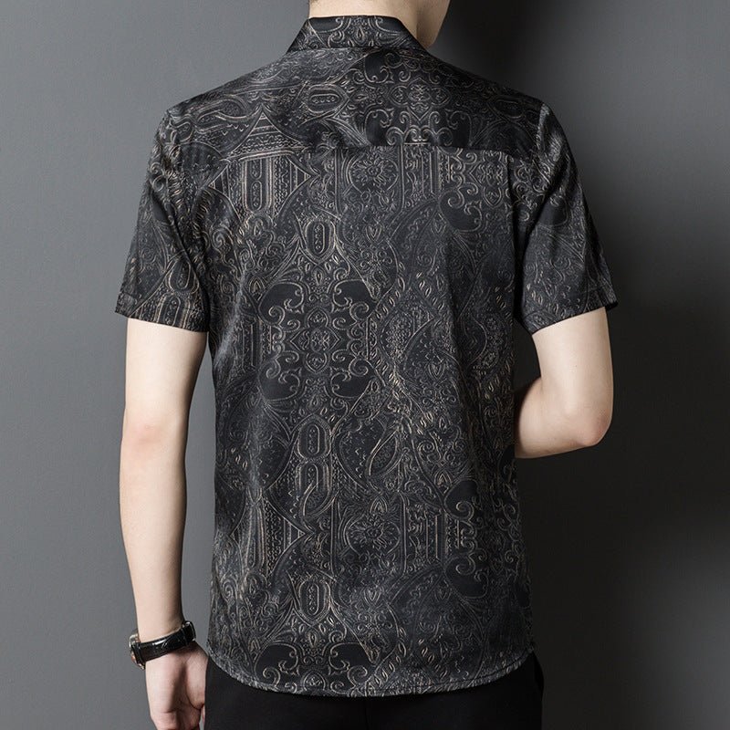 Silk Shirts for Men Short Sleeve Baroque Pattern Silk Dress Shirt XS Black