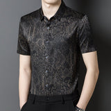 Silk Shirts for Men Short Sleeve Baroque Pattern Silk Dress Shirt XS Black