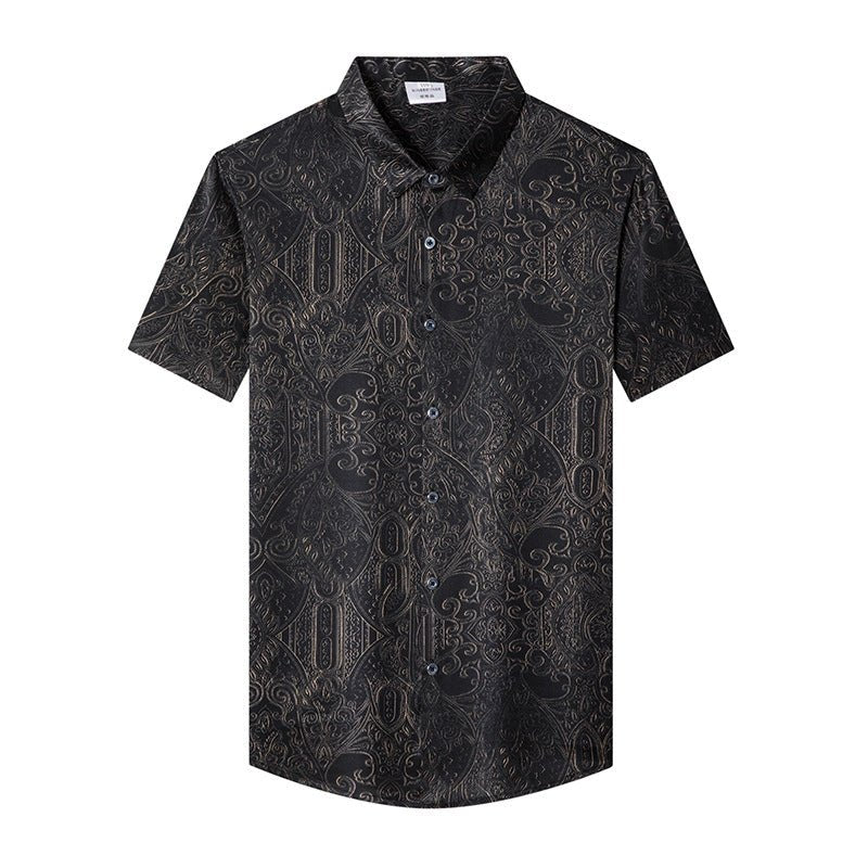 Silk Shirts for Men Short Sleeve Baroque Pattern Silk Dress Shirt XS Black