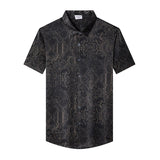 Silk Shirts for Men Short Sleeve Baroque Pattern Silk Dress Shirt XS Black