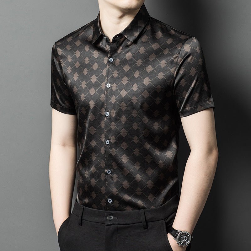 Silk Shirts for Men Short Sleeve Geometric Diamond Pattern Silk Dress Shirt S Black